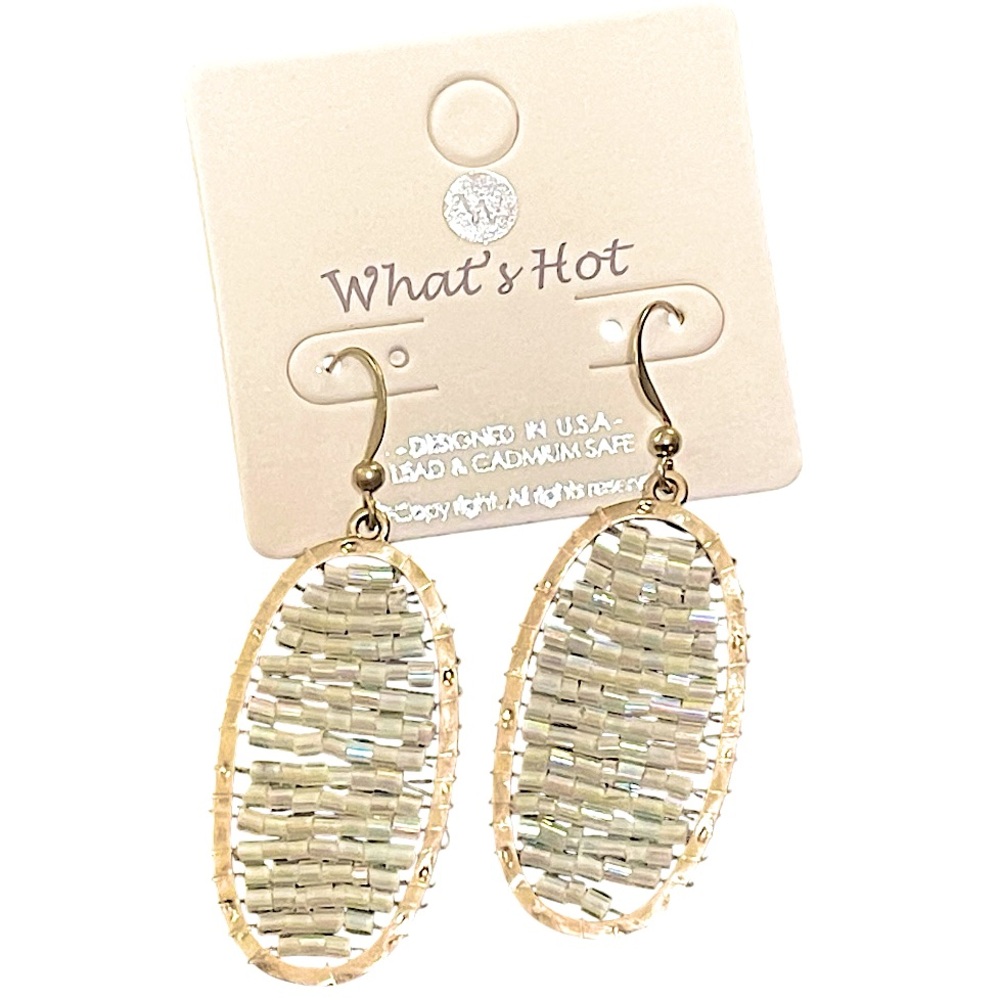 Iridescent Beaded Hammered Gold Tone Metal Oval Hoop Earrings NTW